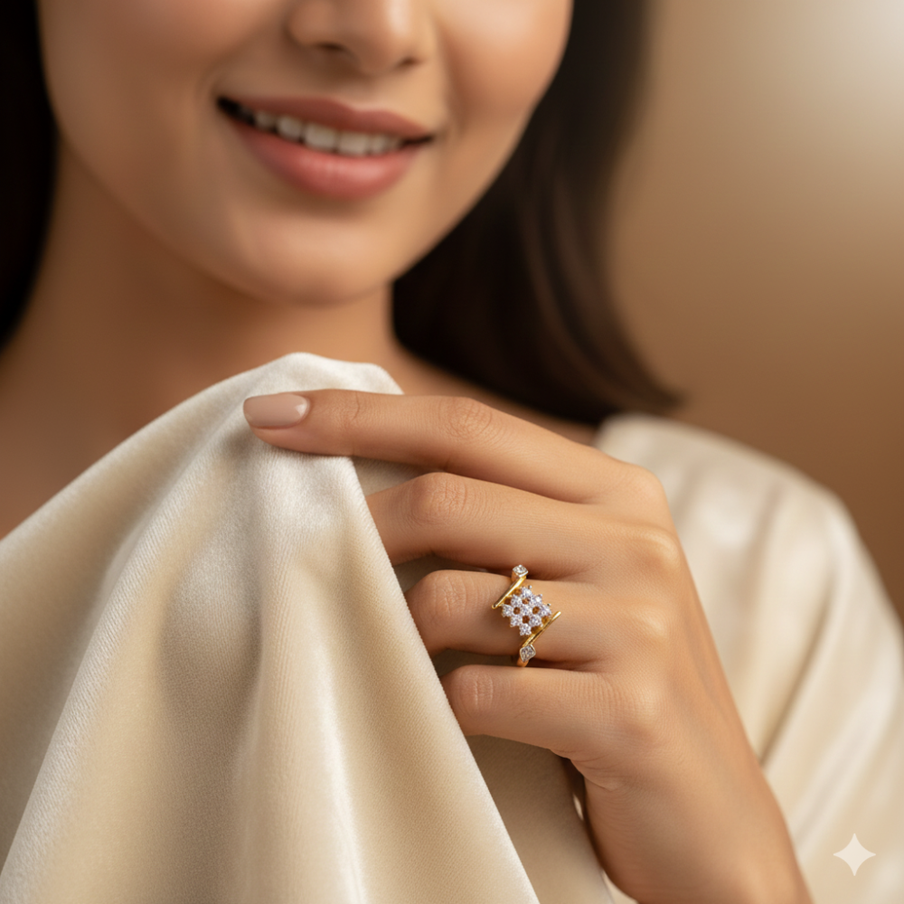 Woman holding ring with elegance.