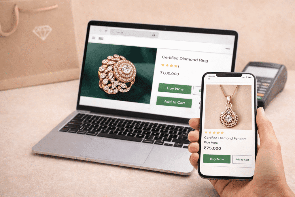 Buying diamond jewellery online on laptop and smartphone showing ring and pendant product pages with pricing and secure checkout interface