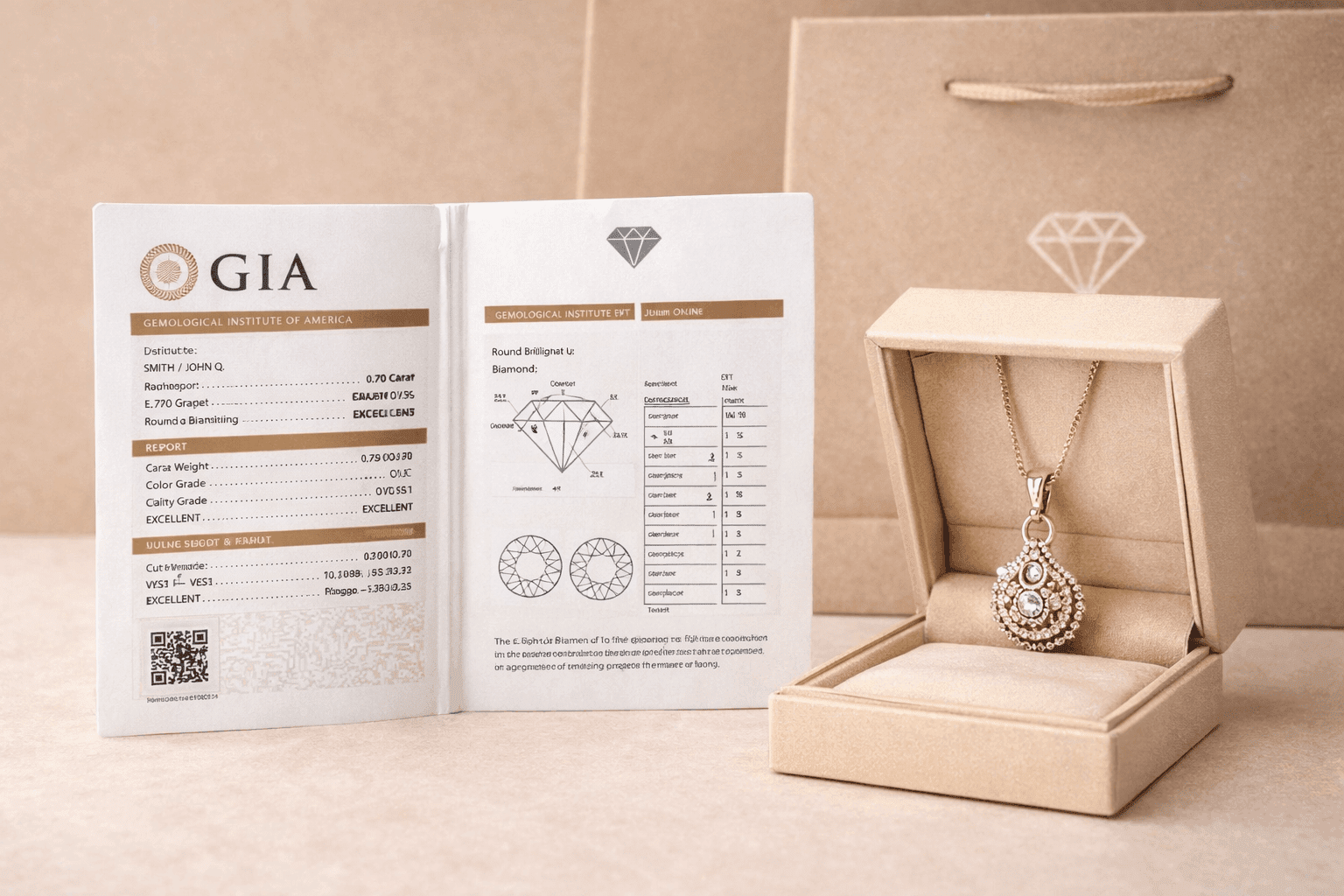 Certified diamond pendant with GIA report for jewellery authenticity verification