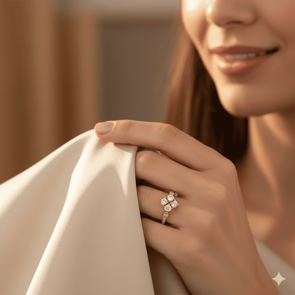 Woman holding fabric, showcasing ring.
