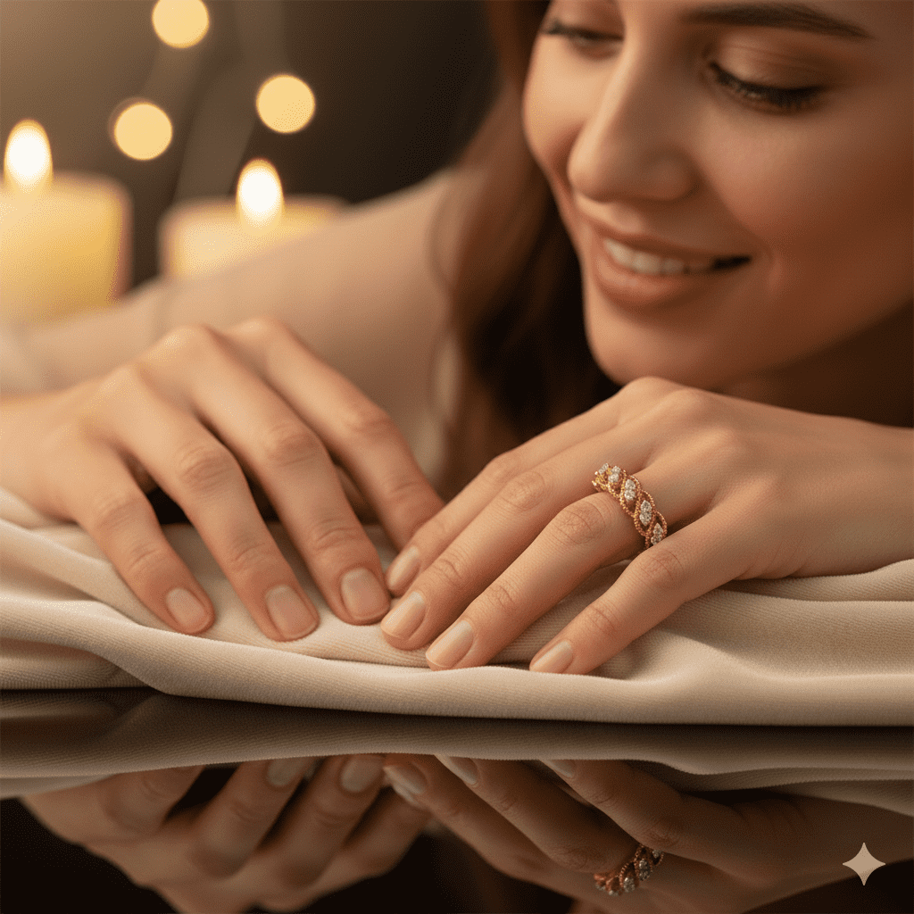 Elegant hands with a gold ring.